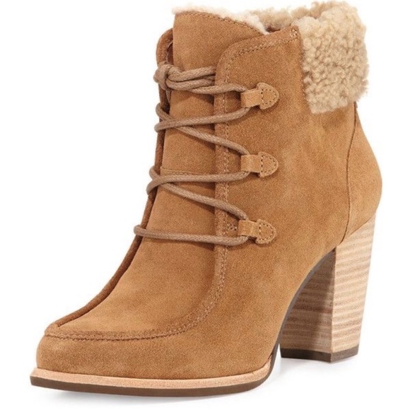 UGG Shoes - UGG Analise Lace Up Booties Women’s 10 Chestnut Brown Heeled Sheepskin Lined